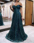 Glitter Mermaid Off The Shoulder Dark Green Long Prom Dress