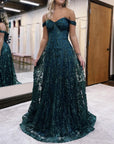 Glitter Mermaid Off The Shoulder Dark Green Long Prom Dress