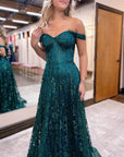 Glitter Mermaid Off The Shoulder Dark Green Long Prom Dress