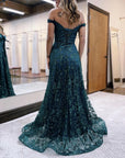 Glitter Mermaid Off The Shoulder Dark Green Long Prom Dress