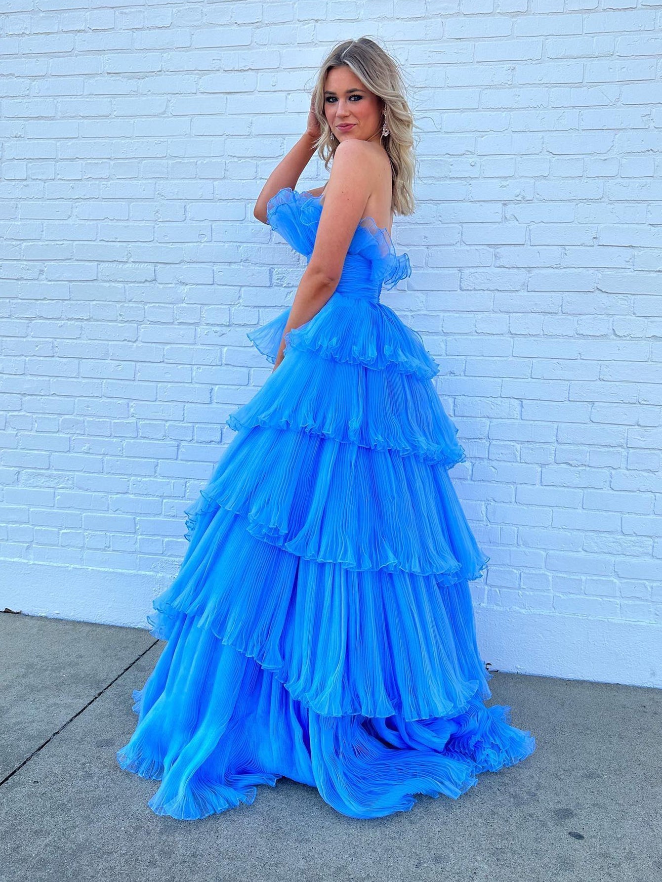 Strapless A-Line Tiered Crinkled Tulle Prom Dress