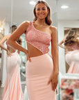 Pink Glitter Mermaid One Shoulder Cutout Long Prom Dress