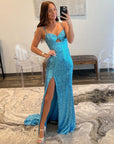 Mermaid V Neck Cutout Blue Long Prom Dress