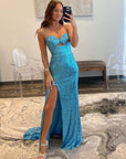 Mermaid V Neck Cutout Blue Long Prom Dress