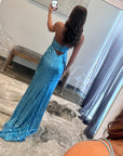 Mermaid V Neck Cutout Blue Long Prom Dress