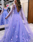 Lavender 3D Floral Lace A-Line Prom Dress with Cape Sleeves