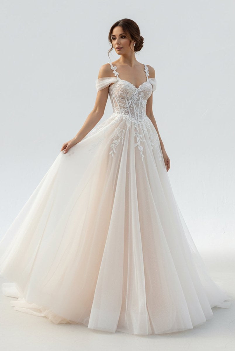KissDress-Elodika A-Line Off-The-Shoulder Tulle Wedding Dresses With Appliques Lace
