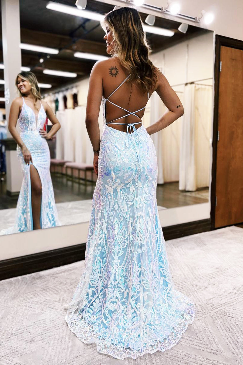 Mermaid Deep V Neck Blue Sequins Lace Long Prom Dresses with Slit