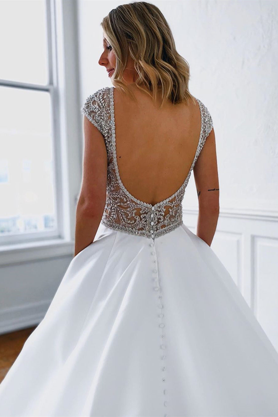 A-Line V-Neck Long White Wedding Dress with Silver Beads