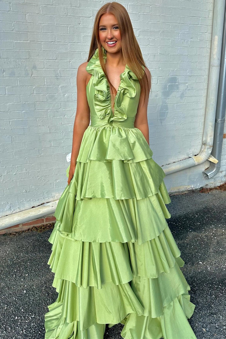 Halter Red Ruffle Tiered A-Line Prom Dress