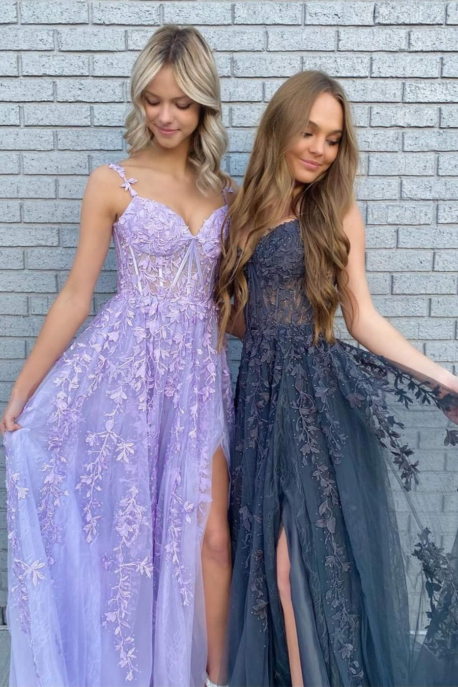 Navy Blue A-line Sweetheart Lace Tulle Prom Dress with Slit