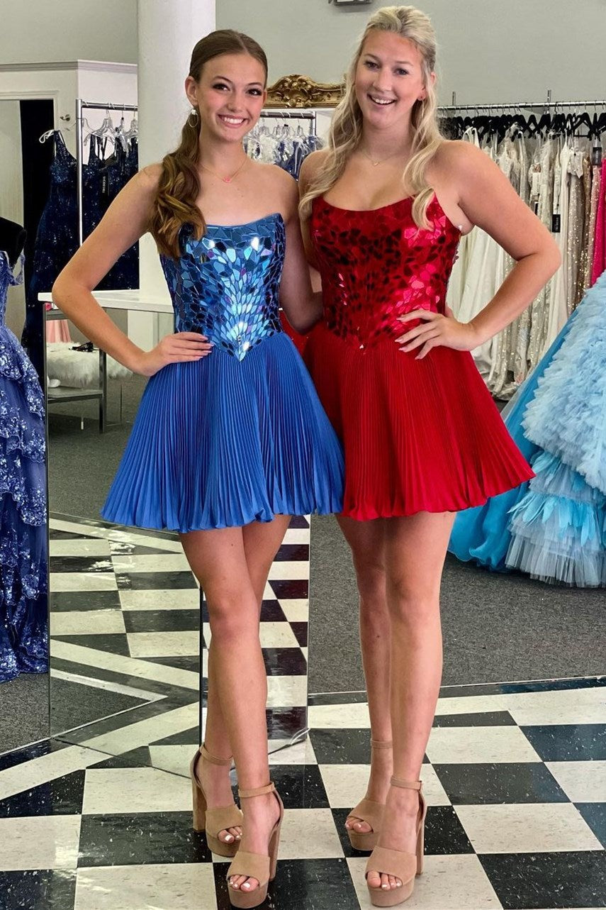 Red Cut Glass Mirror Strapless A-Line Gathered Party Dress
