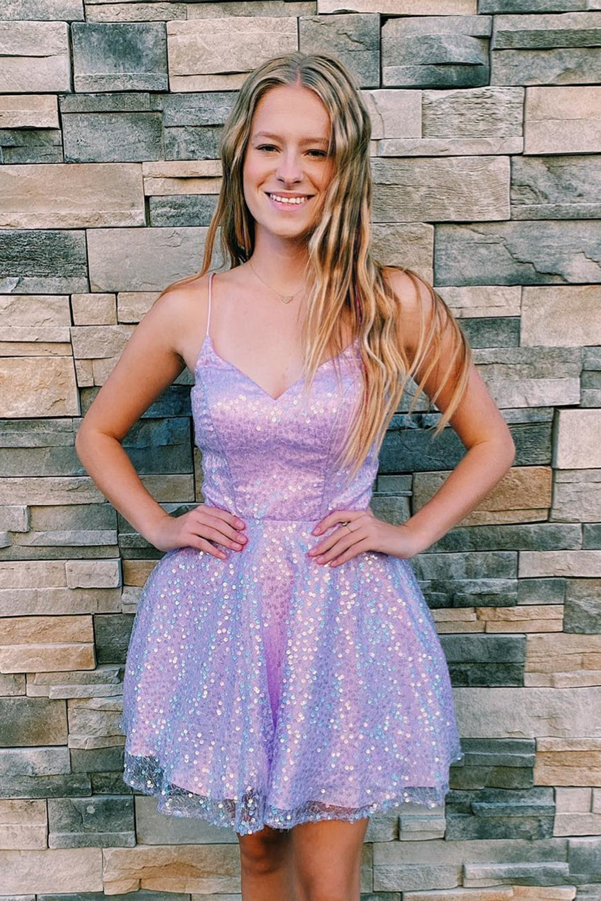 Lilac A-line Sequins Straps V Neck Homecoming Dress