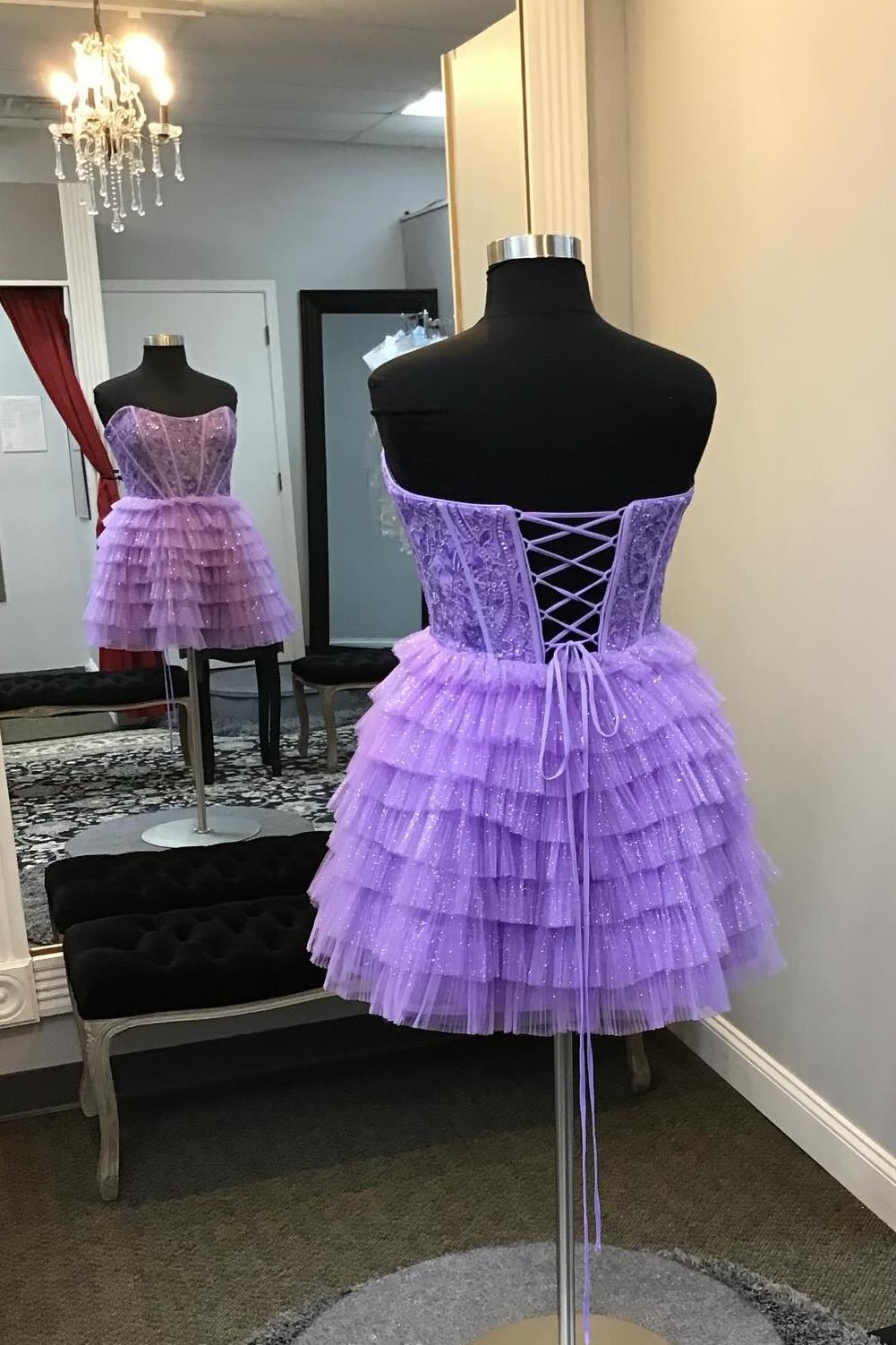 Sweetheart Purple A-line Tiered Ruffle Short Dress