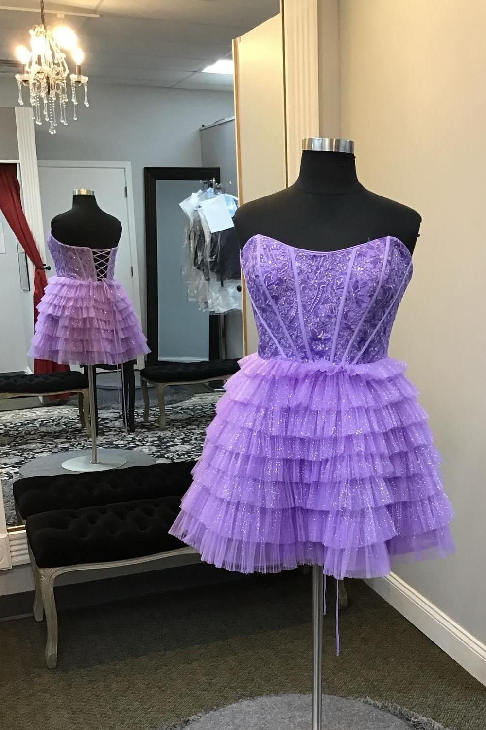 Sweetheart Purple A-line Tiered Ruffle Short Dress