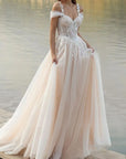 A-Line Off-The-Shoulder Tulle Wedding Dresses With Appliques Lace
