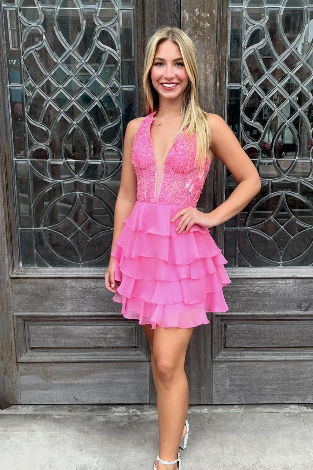 Halter Hot Pink Lace and Chiffon Ruffle Homecoming Dress