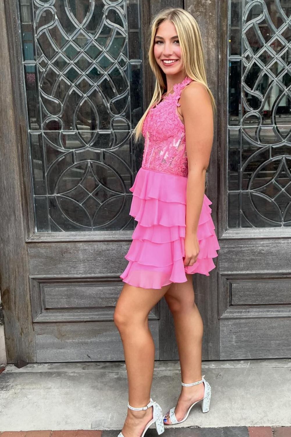 Halter Hot Pink Lace and Chiffon Ruffle Homecoming Dress
