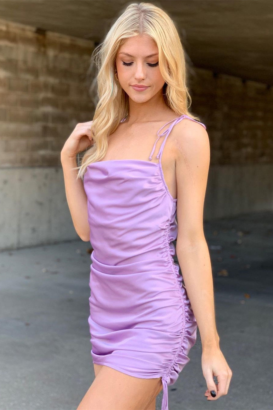 Tie Shoulder Lilac Pleated Homecoming Dress Party Dress