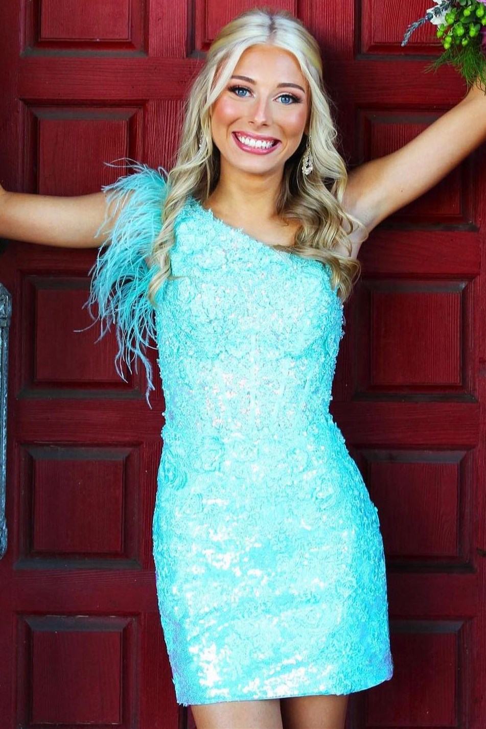 One-Shoulder Red Sequin Lace Short Homecoming Dress with Feathers