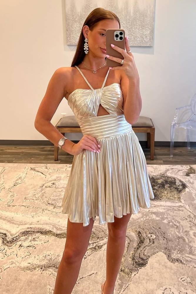 Gloden A-Line Metallic Spaghetti Strap Pleated Homecoming Dress