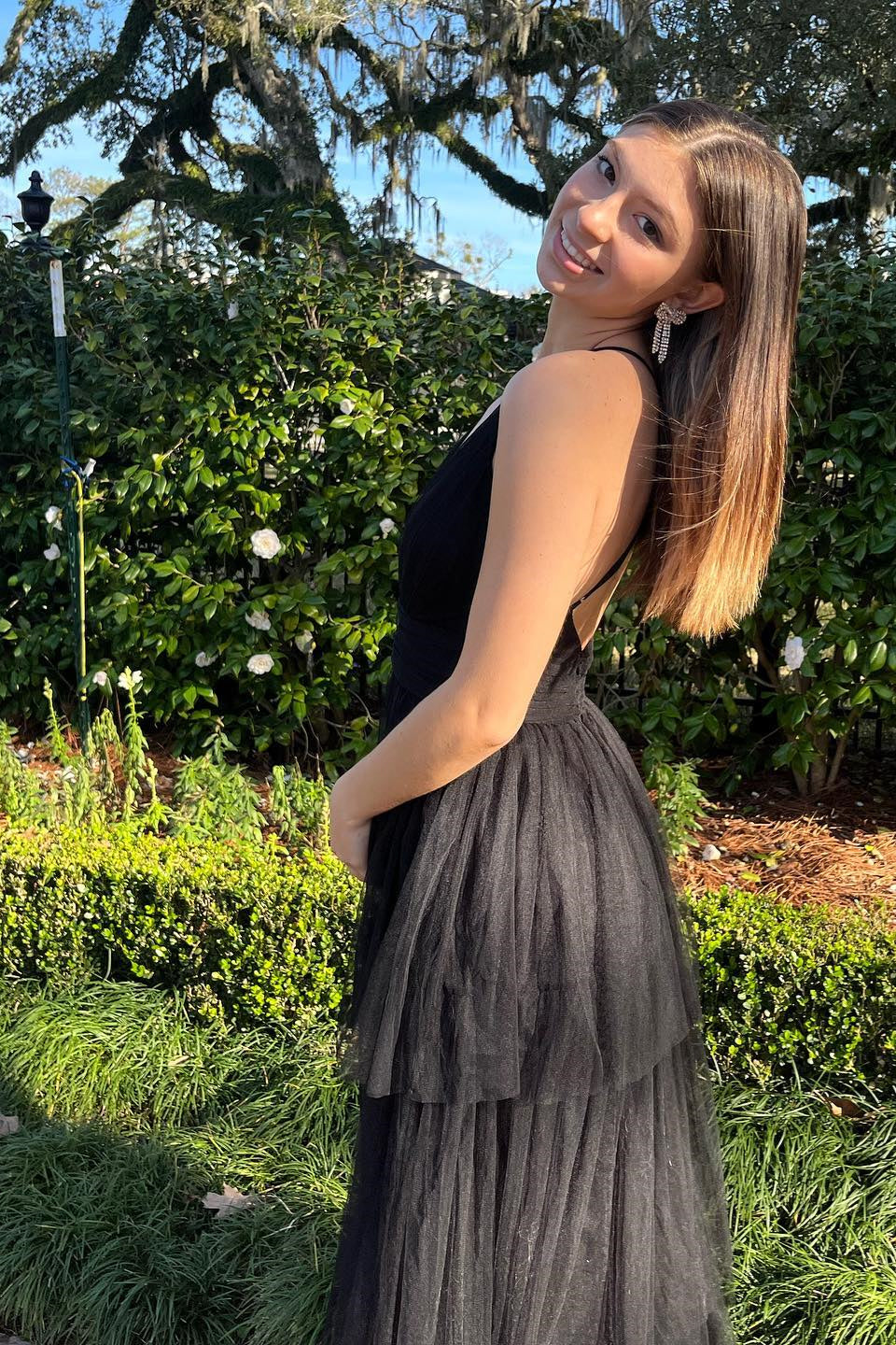 Black A-line Deep V Neck Cross Back Tulle Multi-Layers Long Prom Dress