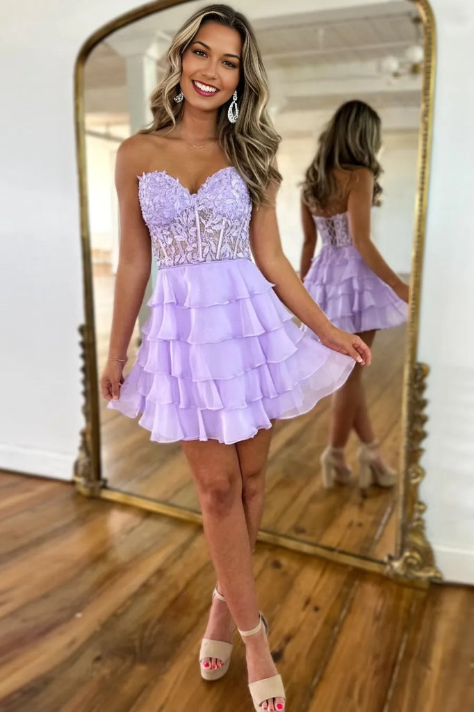 A-Line Strapless Tiered Corset Short Homecoming Dress with Appliques