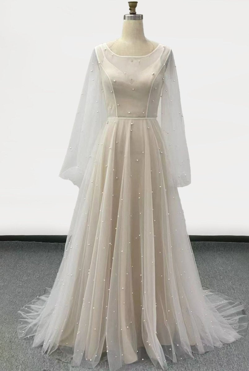 KissDress-Franceska Simple Modest A-Line Long Sleeve Tulle Elopement Illusion Wedding Dress with Pearl