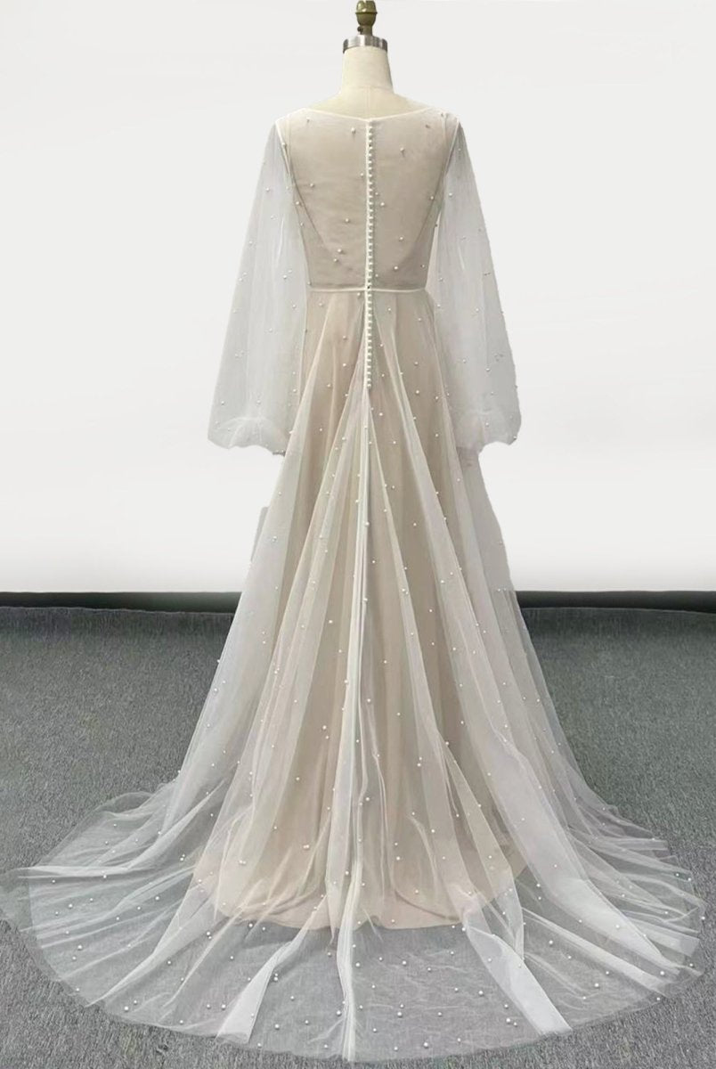 KissDress-Franceska Simple Modest A-Line Long Sleeve Tulle Elopement Illusion Wedding Dress with Pearl
