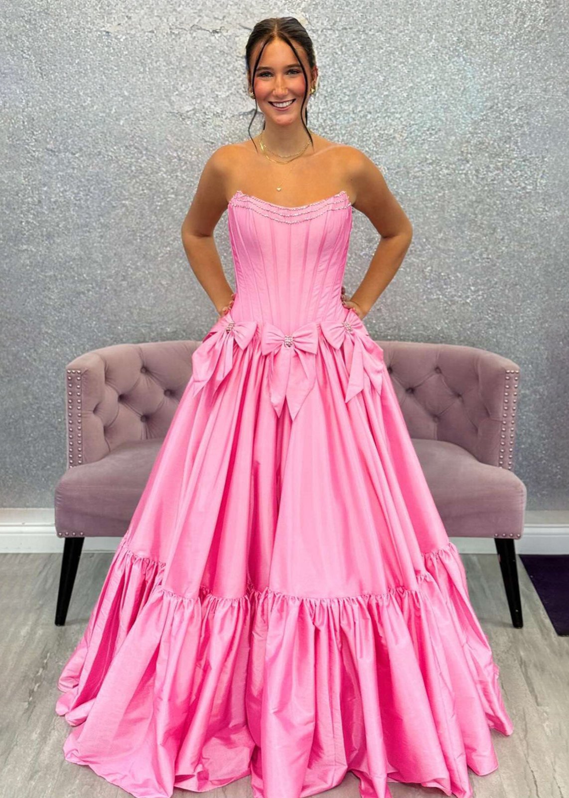 A-Line Black Scoop Neck Satin Long Prom Dresses with Bow Knots