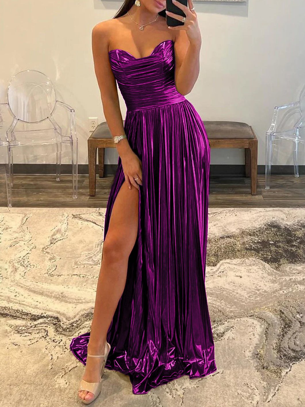 Green Metallic Strapless Pleated A-Line Long Prom Dresses