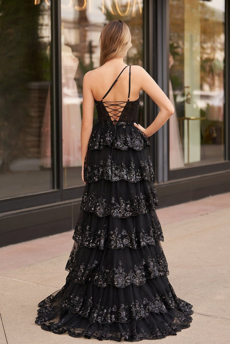 Livia |Sheath One Shoulder Tiered Lace Long Prom Dress - KissProm