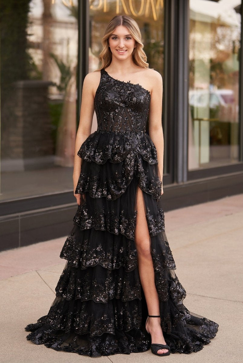 Livia |Sheath One Shoulder Tiered Lace Long Prom Dress - KissProm