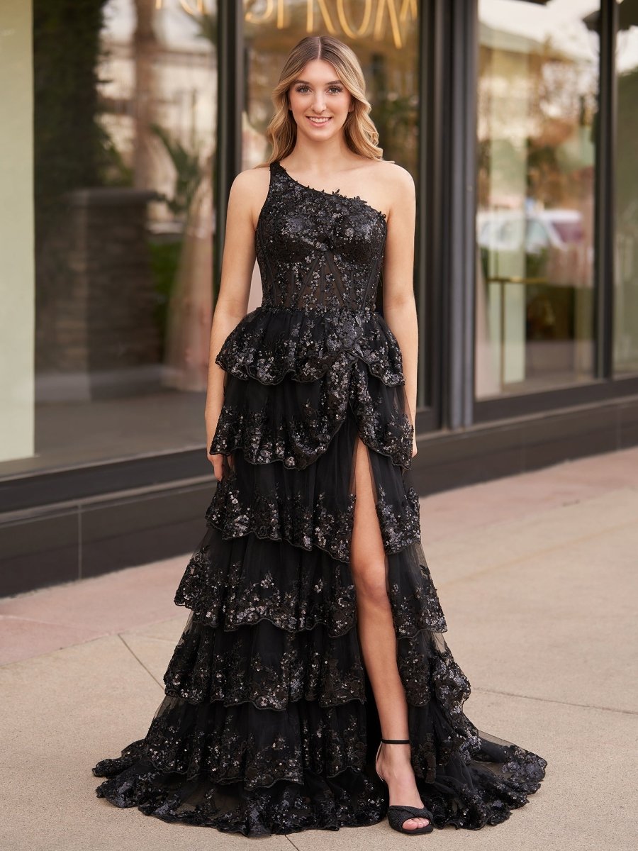 Livia |Sheath One Shoulder Tiered Lace Long Prom Dress - KissProm