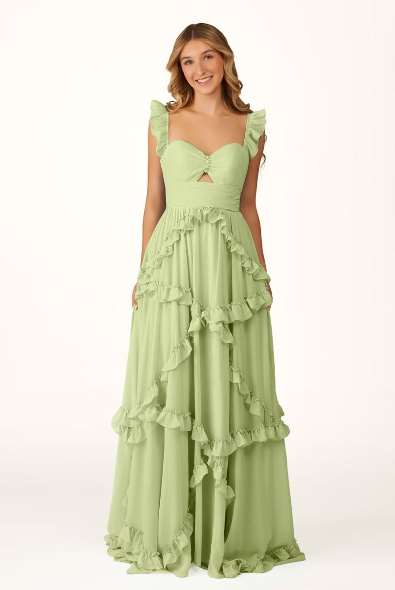 Hubery | A - Line Straps Sky Blue Chiffon Ruffles Long Prom Dress - KissProm