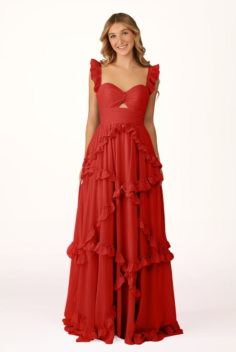 Hubery | A - Line Straps Sky Blue Chiffon Ruffles Long Prom Dress - KissProm