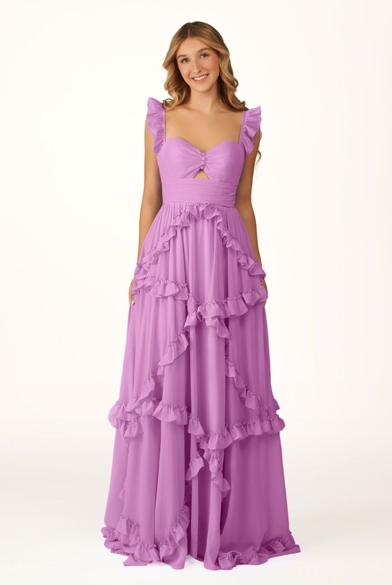 Hubery | A - Line Straps Sky Blue Chiffon Ruffles Long Prom Dress - KissProm