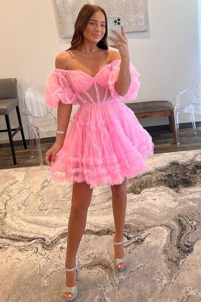 Red Sweetheart Puff Sleeve A-Line Short Party Dress with Ruffles