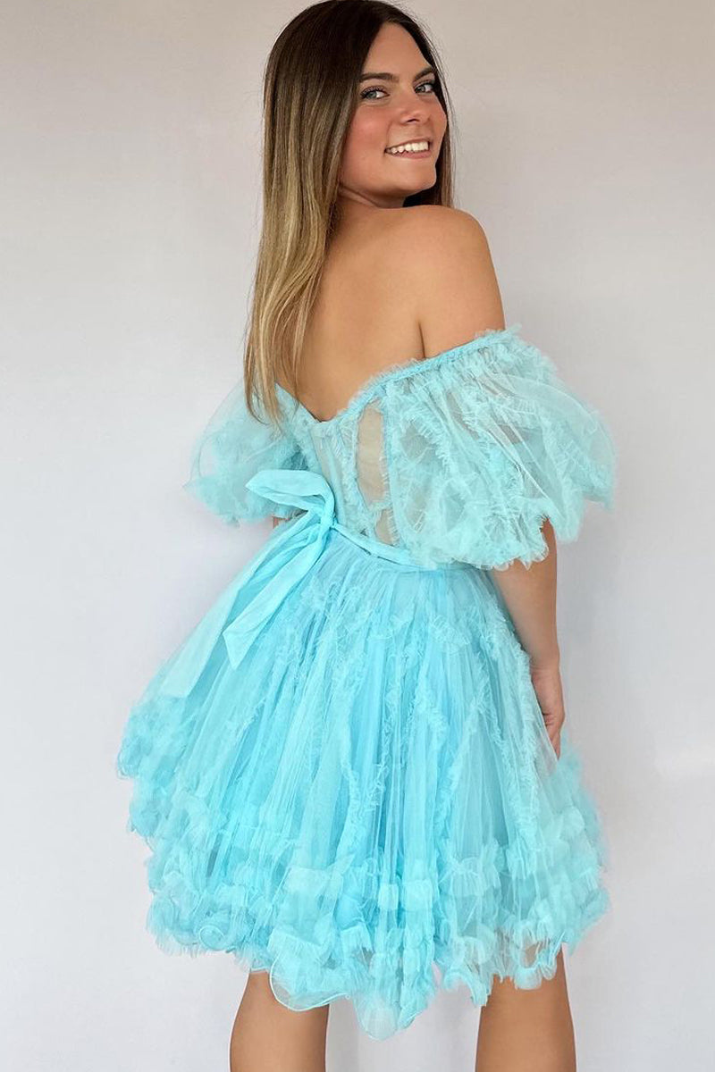 Pretty A-Line Sweetheart Lake Blue Tulle Homecoming Dresses