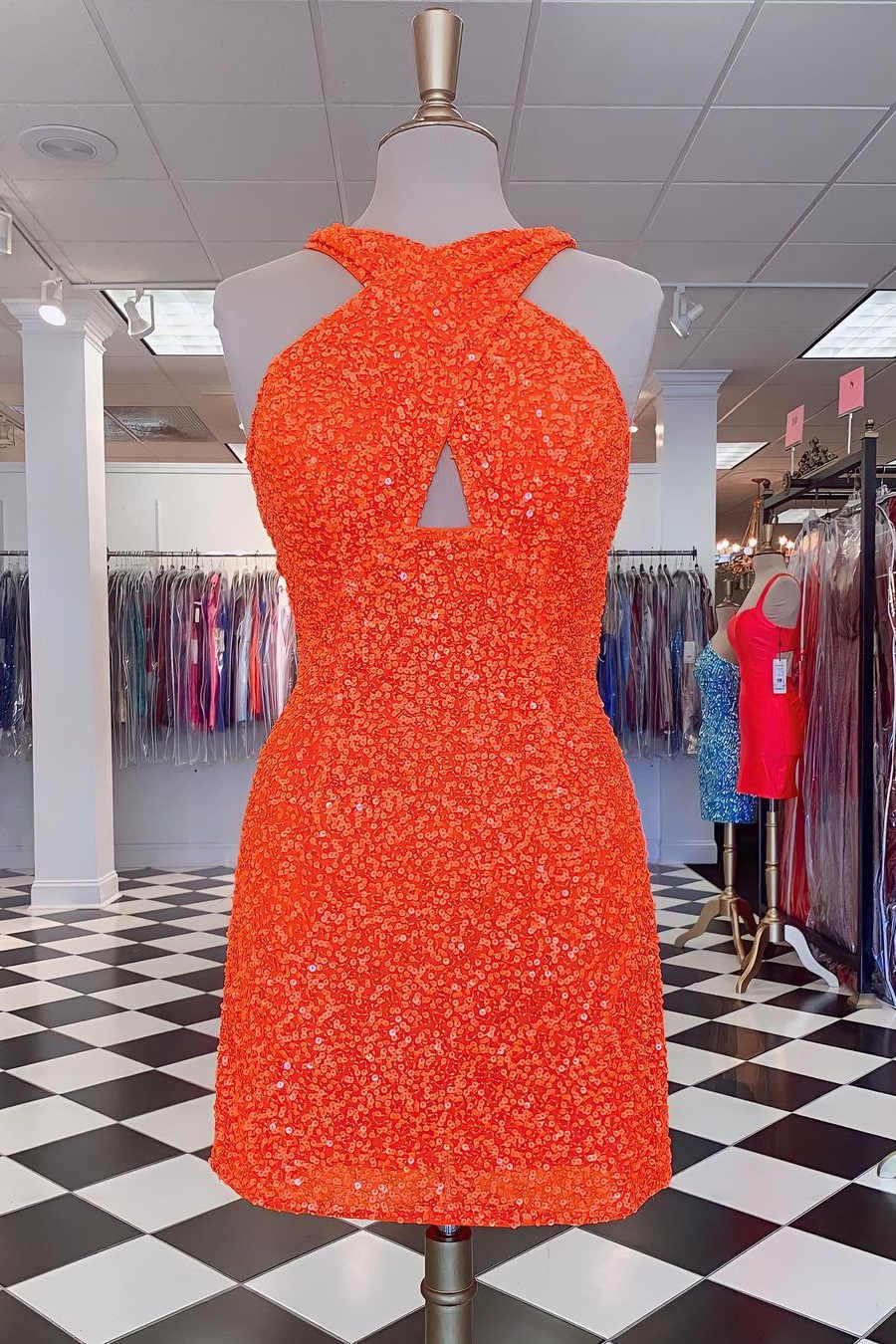 A-line Sheath Backless Hot Pink Sequins Homecoming Dress
