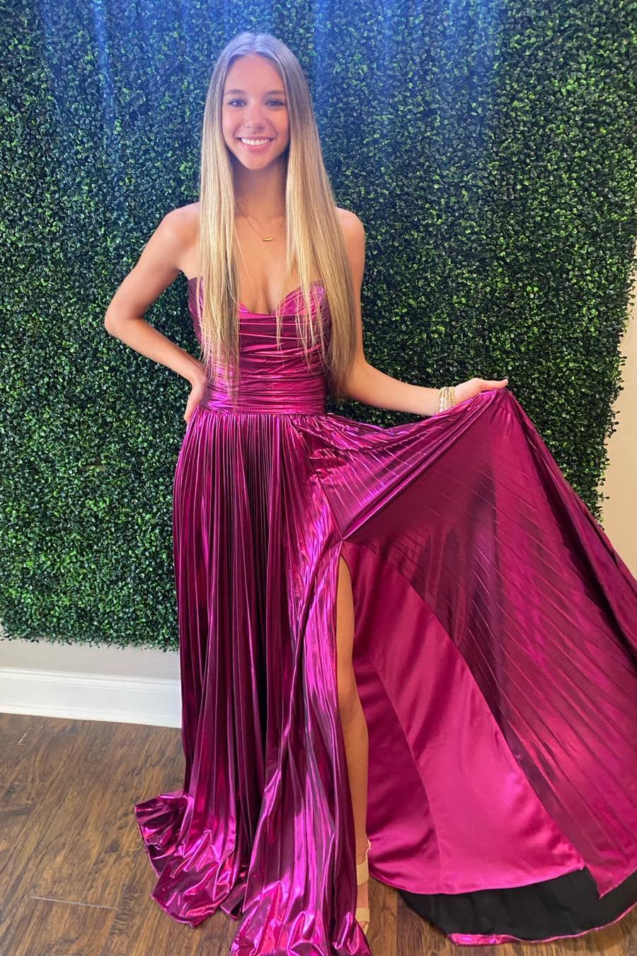 Green Metallic Strapless Pleated A-Line Long Prom Dresses