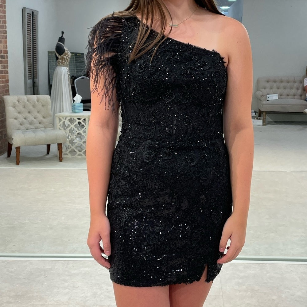 One-Shoulder Red Sequin Lace Short Homecoming Dress with Feathers