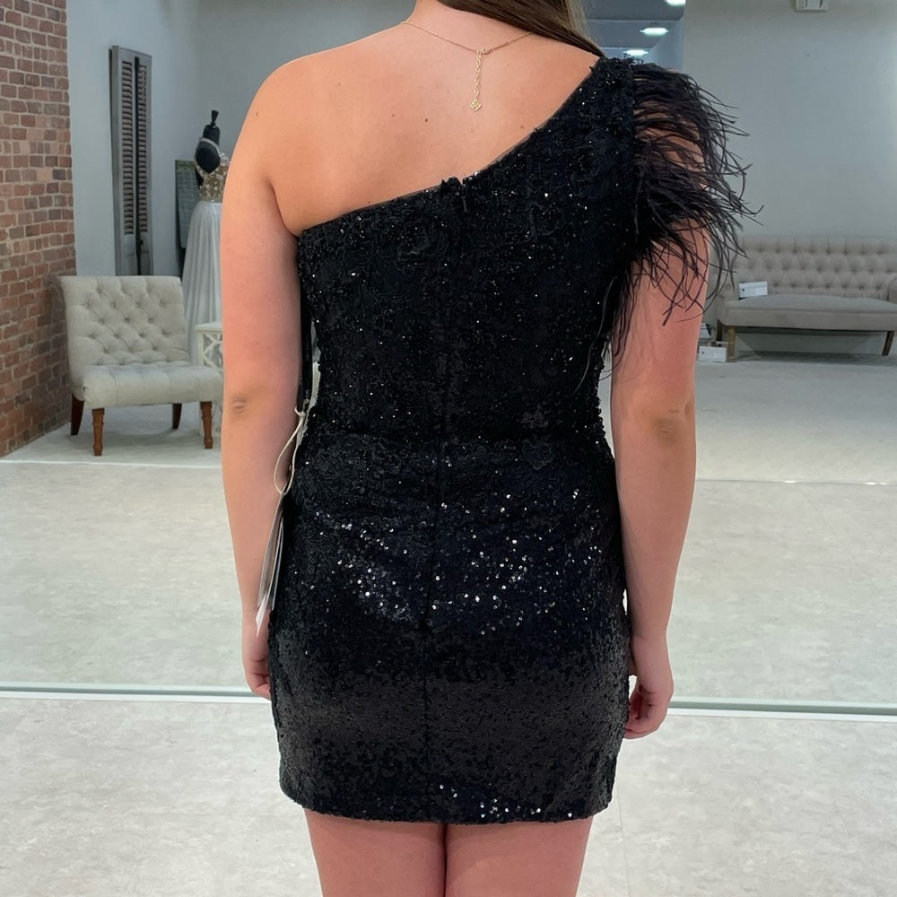 One-Shoulder Red Sequin Lace Short Homecoming Dress with Feathers