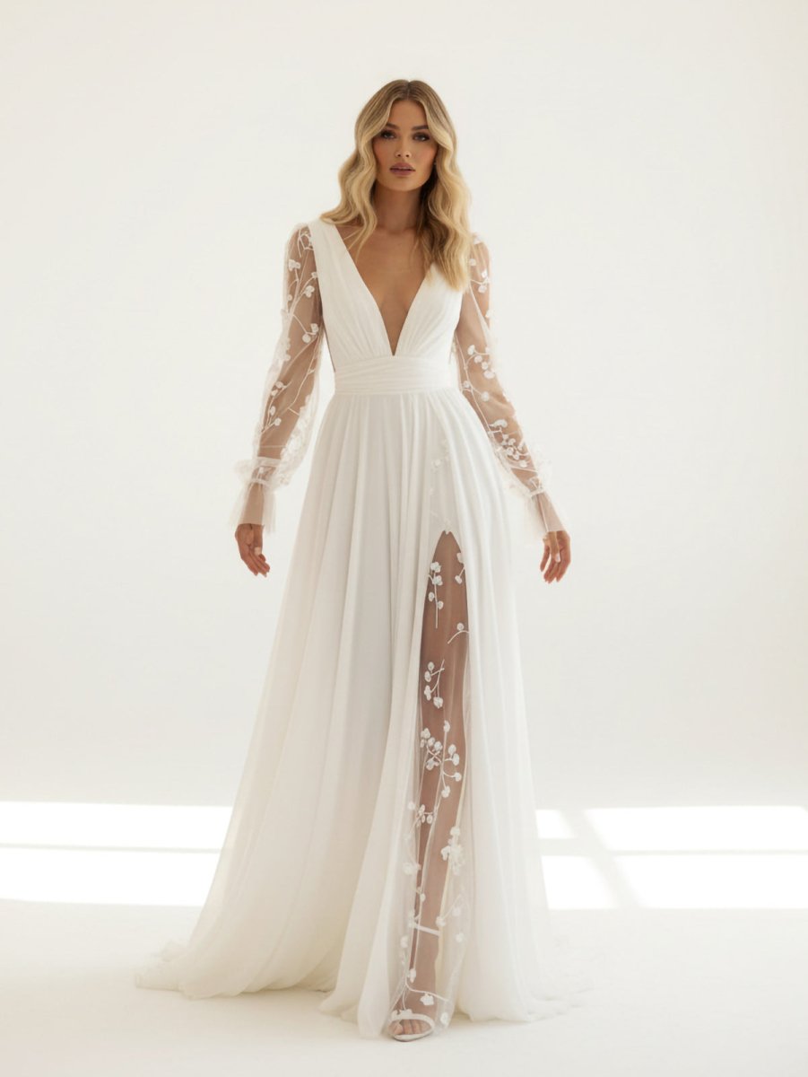 KissDress-Long Sleeve Boho Flowy Wedding Dress Lace A-Line V-Neck Beach Gown with Split Front and Sweep Train