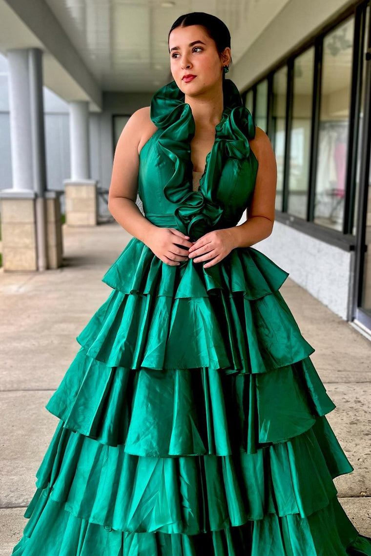 Halter Red Ruffle Tiered A-Line Prom Dress