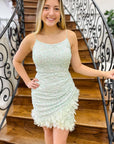 Mint Green Sequin Spaghetti Strap Short Dress with Feathers