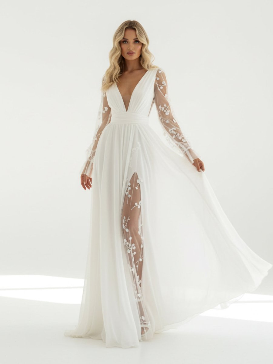 KissDress-Long Sleeve Boho Flowy Wedding Dress Lace A-Line V-Neck Beach Gown with Split Front and Sweep Train