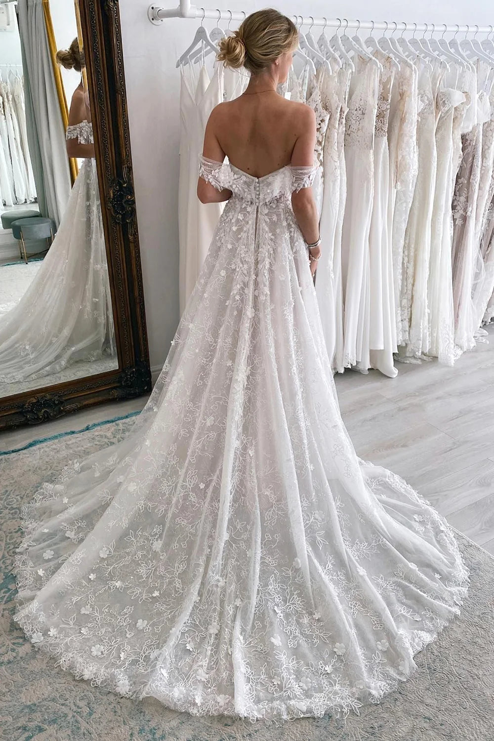 Sweetheart Off the Shoulder A-Line Tulle Lace Applique With Tulle Train Wedding Dress