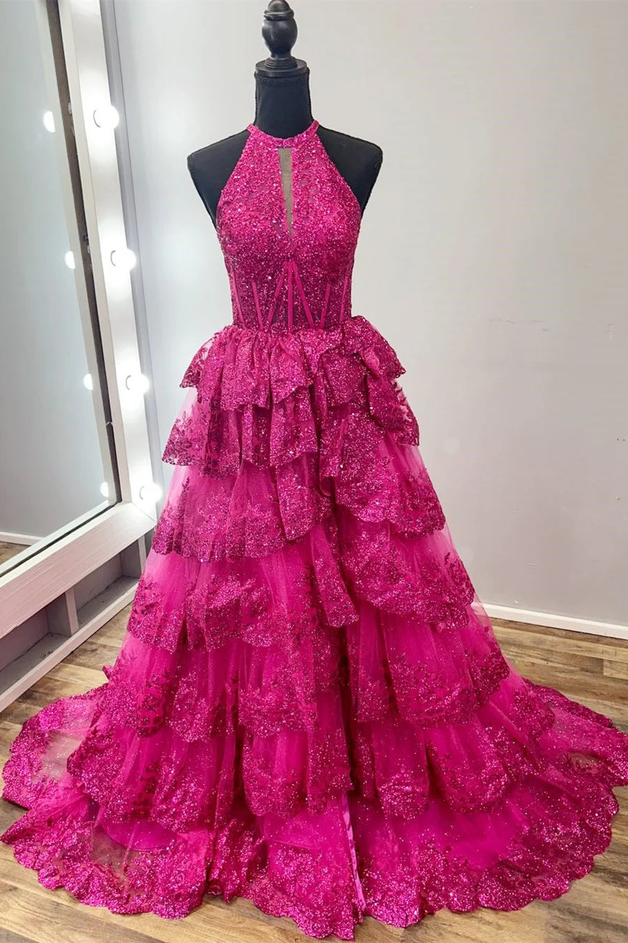 High Neck Sleeveless Empire Lace Tiered Long Formal Dress