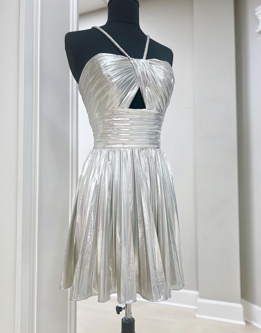 Gloden A-Line Metallic Spaghetti Strap Pleated Homecoming Dress